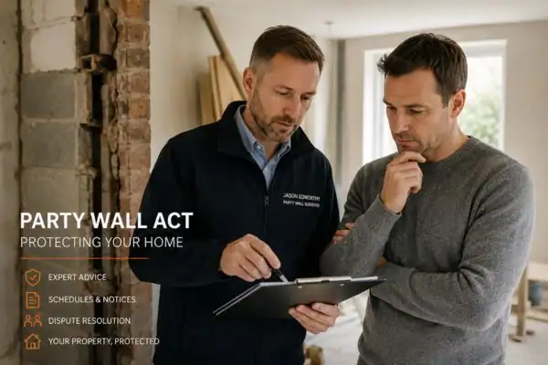 Party wall surveyor Dunscroft discussing extension plans with homeowner outside a UK semi-detached house.